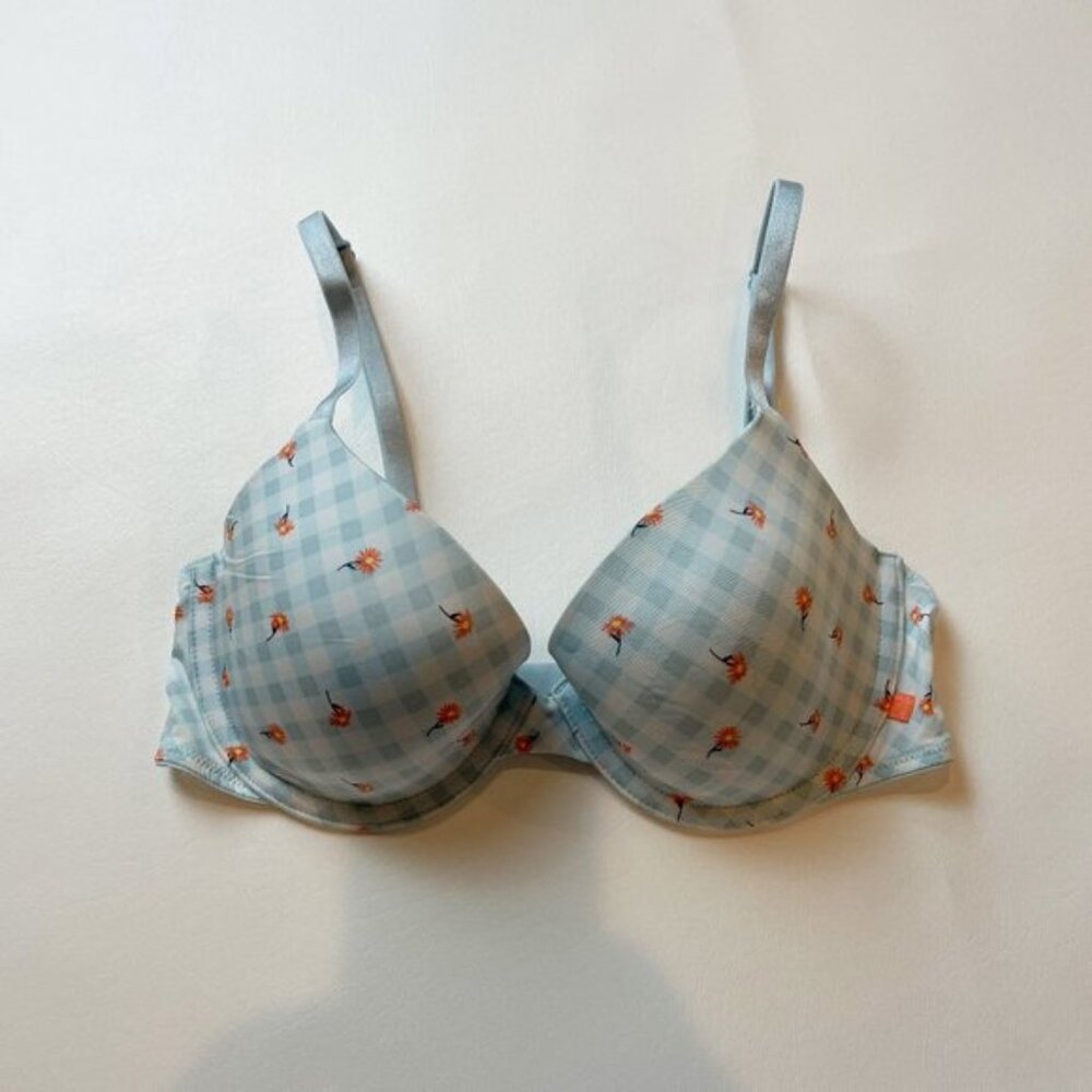 NWOT Victoria's Secret Bra 34C Lined Demi Blue Checked Floral B1452